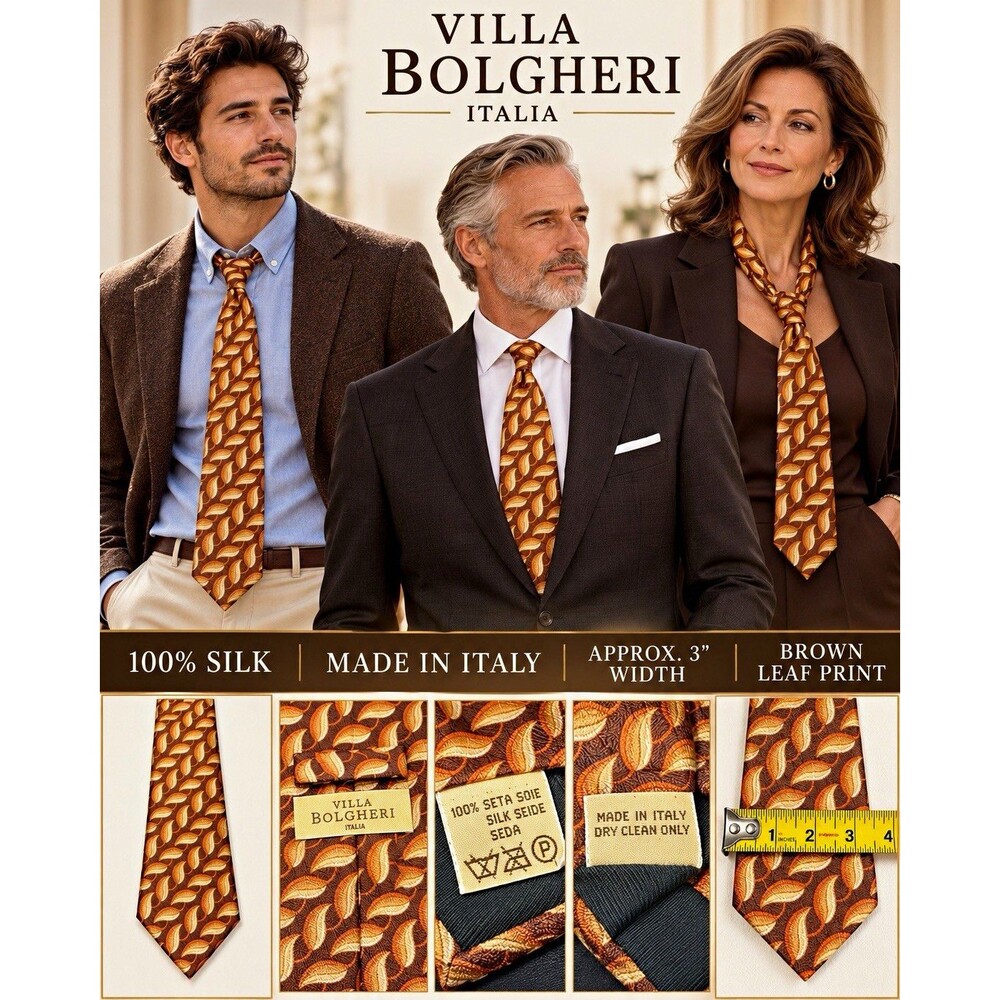 Vintage Villa Bolgheri Italia 100% Silk Tie Brown Cognac Leaf Made in Italy ~3”